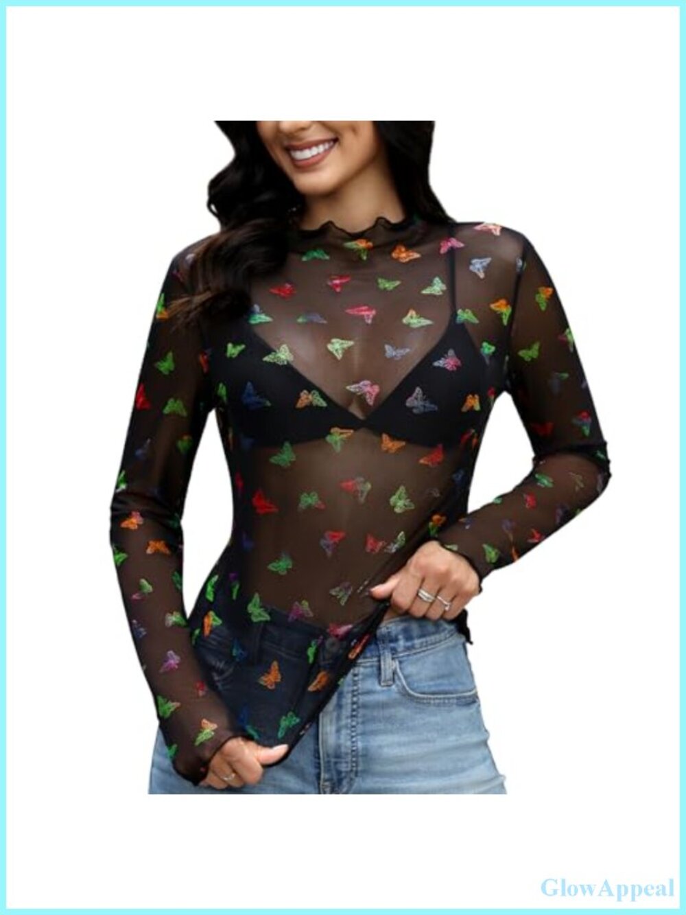 Women's Lace Long Sleeve Top Sheer Mesh Mock Neck See Through Shirt